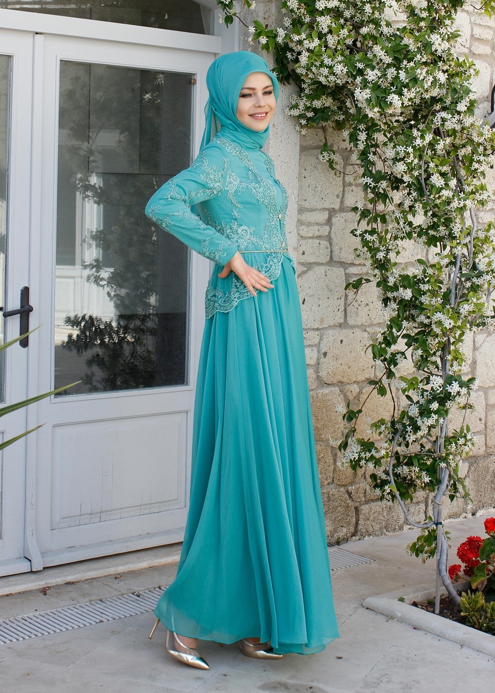 Tesettür giyim YEŞİL BRODE KUMAŞ DETAYLI ABİYE ELBİSE  5033