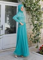 Tesettür giyim YEŞİL BRODE KUMAŞ DETAYLI ABİYE ELBİSE  5033