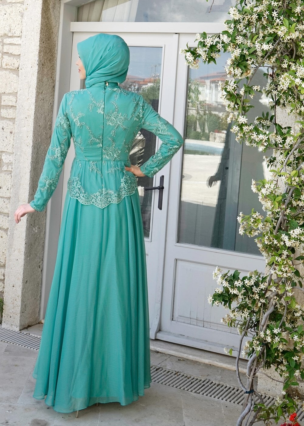 Tesettür giyim YEŞİL BRODE KUMAŞ DETAYLI ABİYE ELBİSE  5033