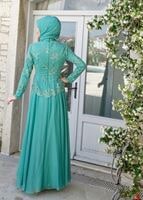 Tesettür giyim YEŞİL BRODE KUMAŞ DETAYLI ABİYE ELBİSE  5033