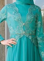 Tesettür giyim YEŞİL BRODE KUMAŞ DETAYLI ABİYE ELBİSE  5033