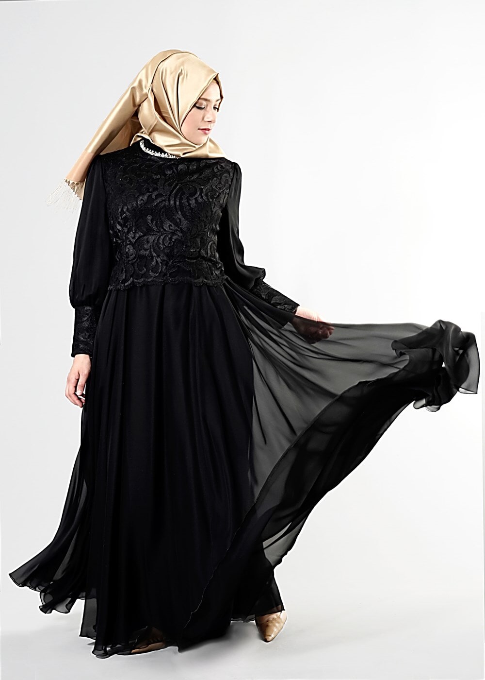 Tesettür giyim SİYAH T 5037 Fransız Şifon Tesettür Elbise-Alv Fashion