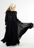 Tesettür giyim SİYAH T 5037 Fransız Şifon Tesettür Elbise-Alv Fashion