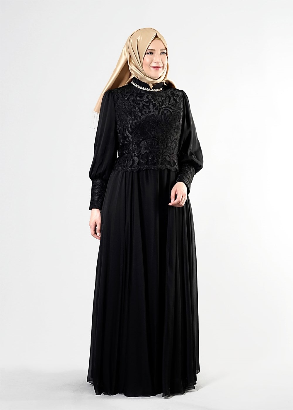 Tesettür giyim SİYAH T 5037 Fransız Şifon Tesettür Elbise-Alv Fashion