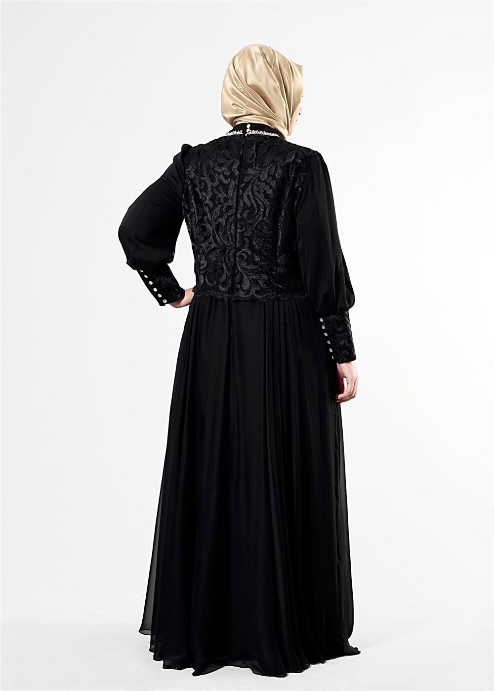 Tesettür giyim SİYAH T 5037 Fransız Şifon Tesettür Elbise-Alv Fashion