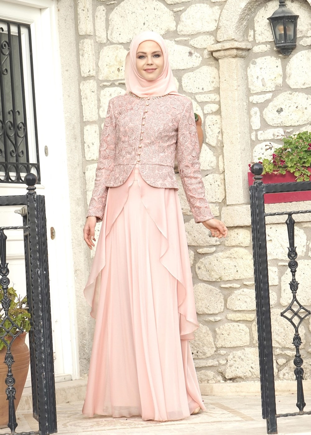 Tesettür giyim PUDRA ALVİNA ŞİFON ABİYE ELBİSE T 5051