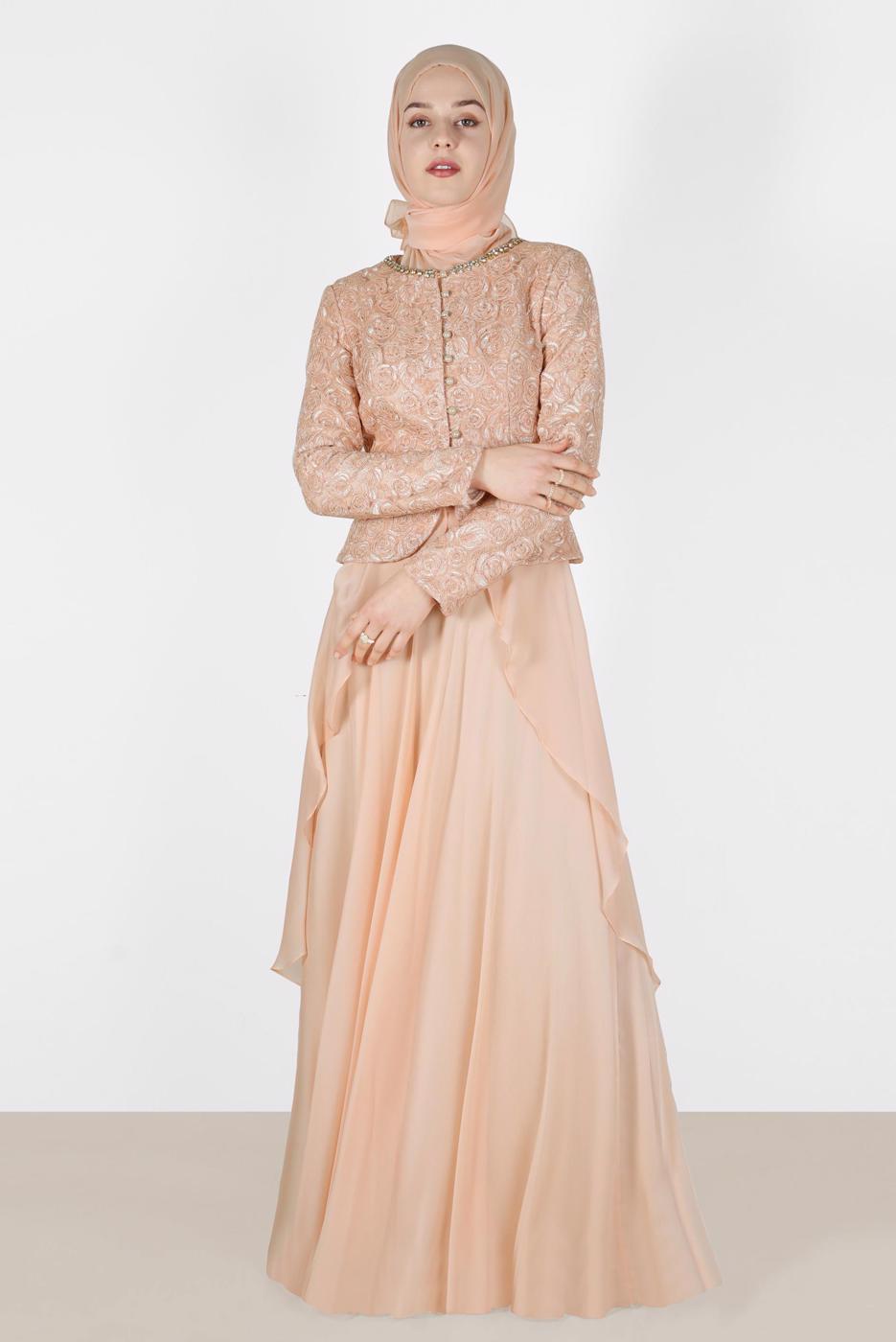 Tesettür giyim PUDRA ALVİNA ŞİFON ABİYE ELBİSE T 5051