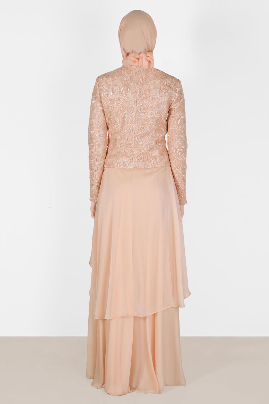 Tesettür giyim PUDRA ALVİNA ŞİFON ABİYE ELBİSE T 5051