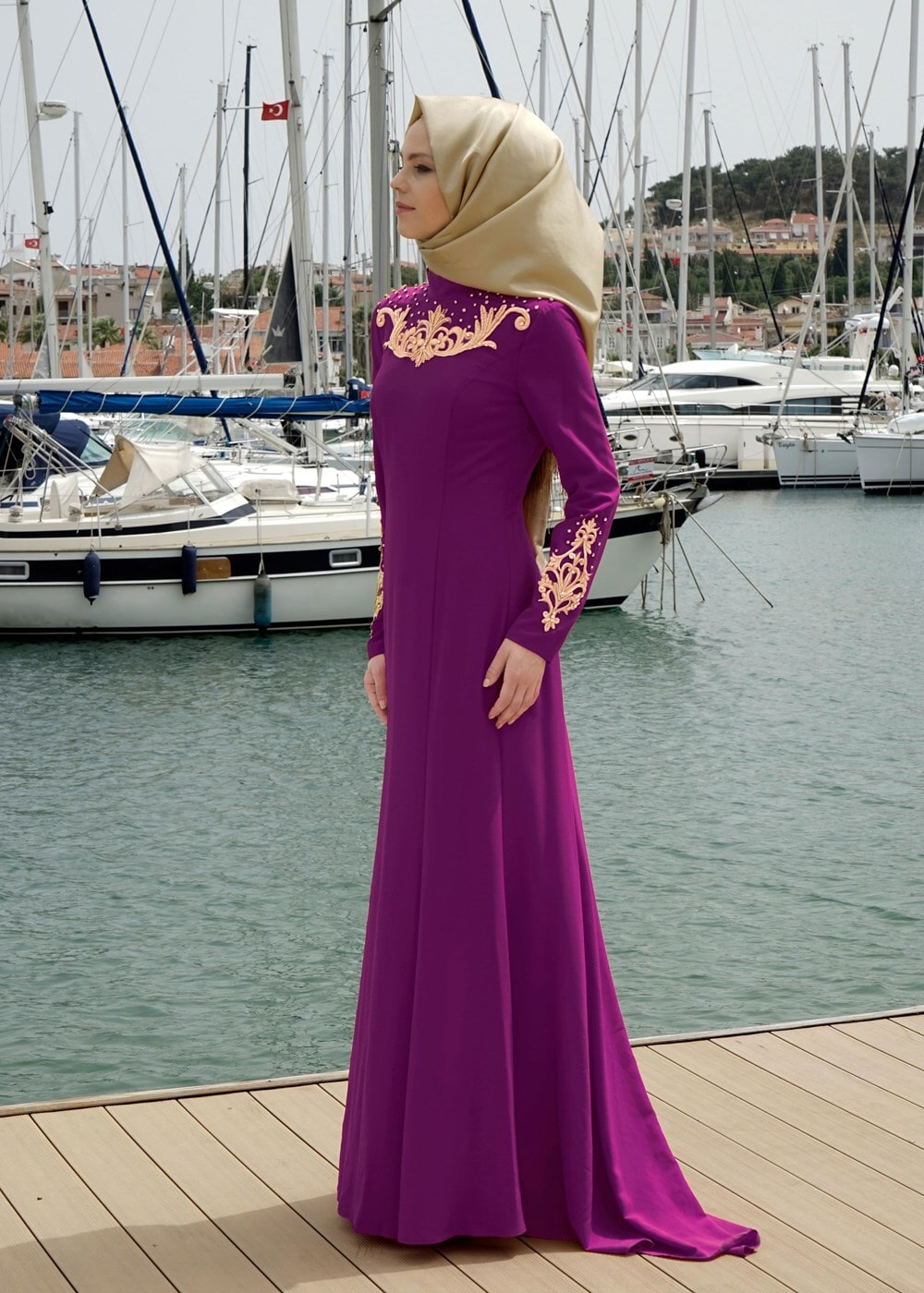 Tesettür giyim MOR SIRMA İŞLEME DETAYLI ABİYE ELBİSE 5057 