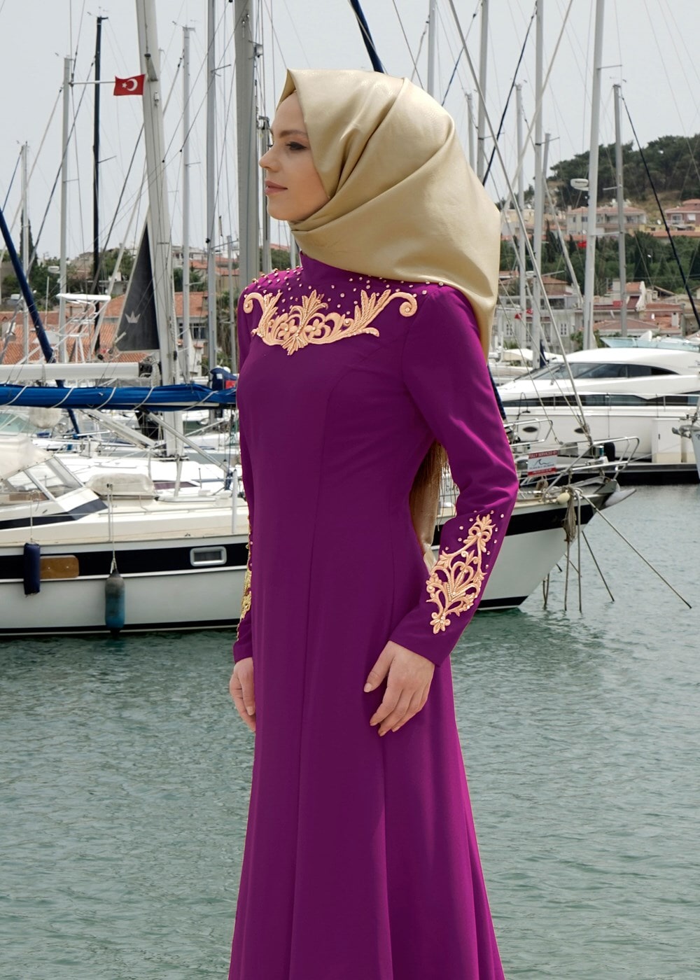 Tesettür giyim MOR SIRMA İŞLEME DETAYLI ABİYE ELBİSE 5057 