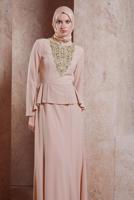 Tesettür giyim PUDRA ALVİNA DESENLİ ABİYE ELBİSE T 5059