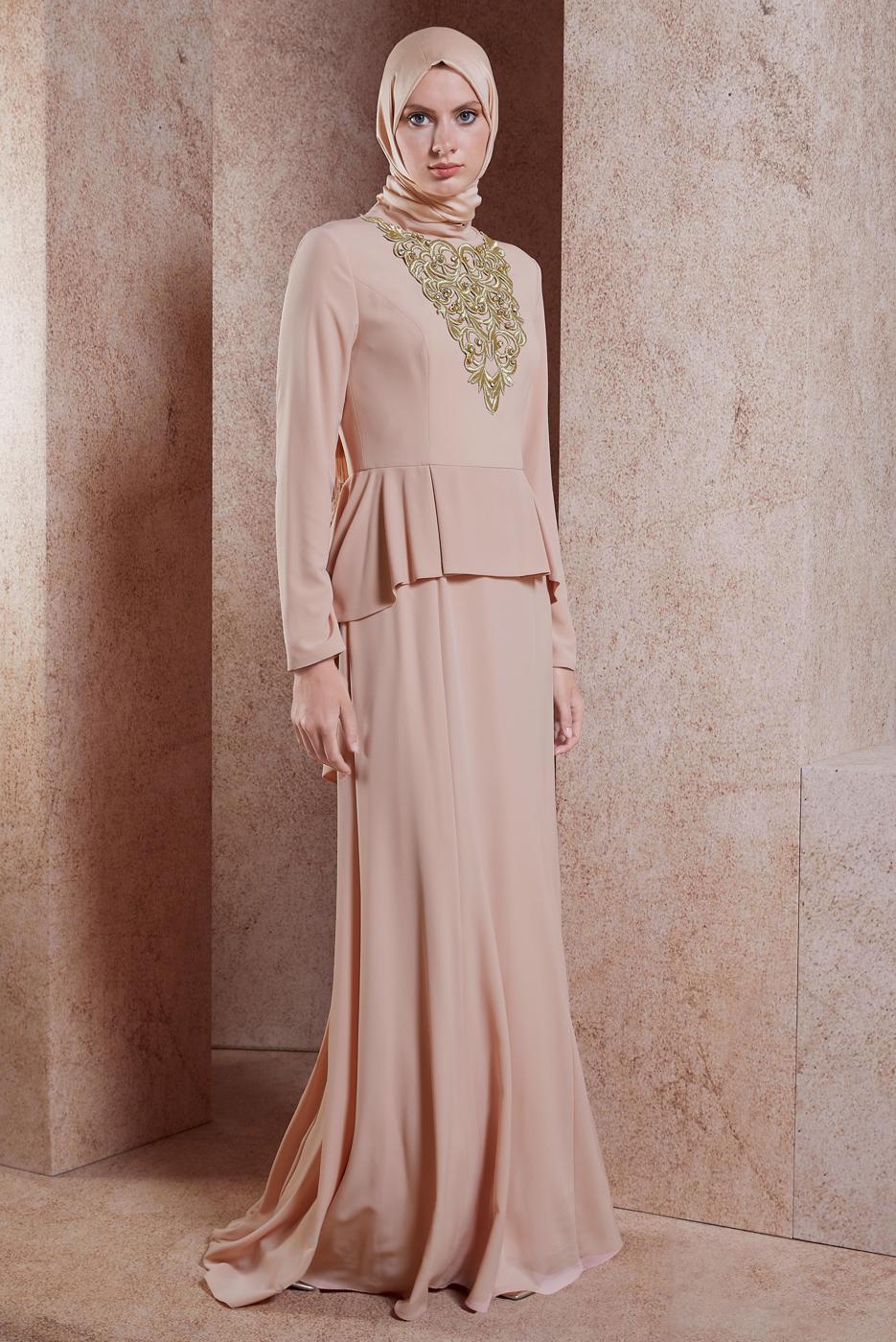 Tesettür giyim PUDRA ALVİNA DESENLİ ABİYE ELBİSE T 5059