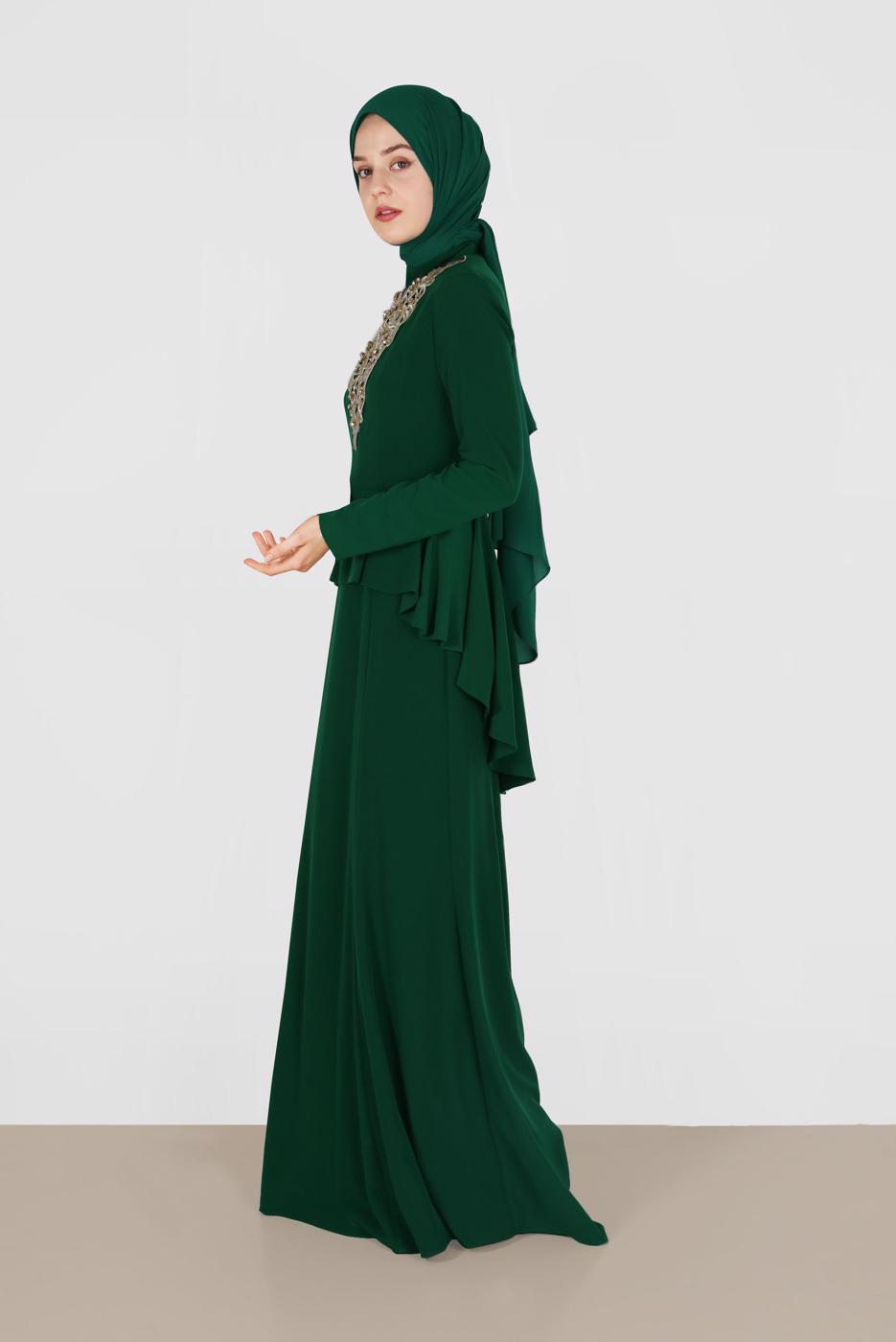 Tesettür giyim YEŞİL ALVİNA DESENLİ ABİYE ELBİSE T 5059