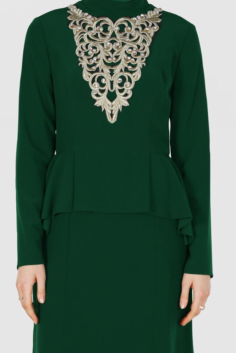 Tesettür giyim YEŞİL ALVİNA DESENLİ ABİYE ELBİSE T 5059