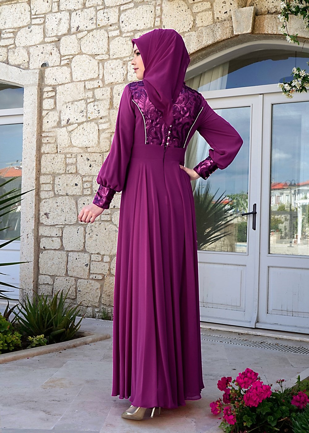 Tesettür giyim MOR MULTİ ŞİFON ABİYE ELBİSE 5068