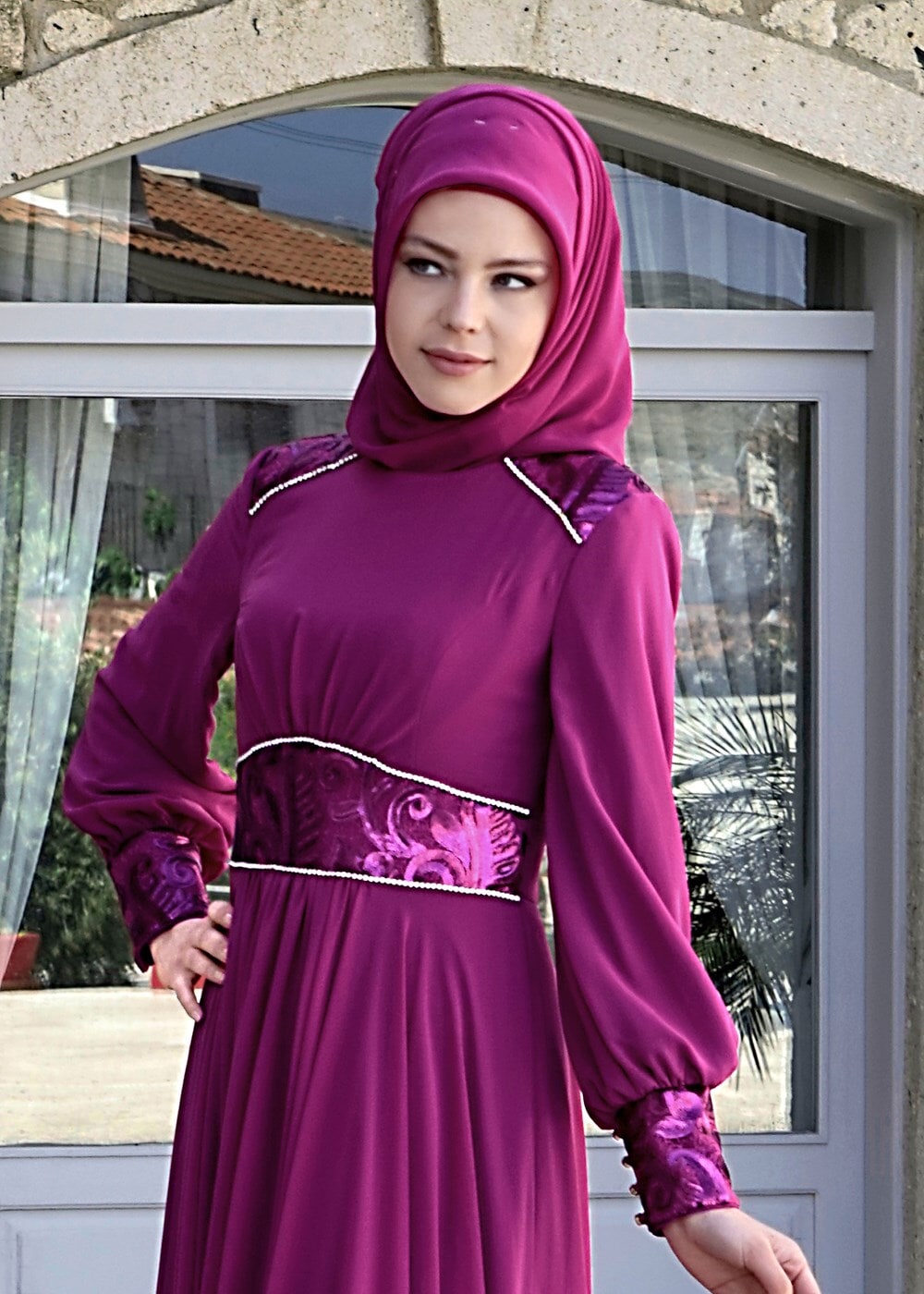 Tesettür giyim MOR MULTİ ŞİFON ABİYE ELBİSE 5068