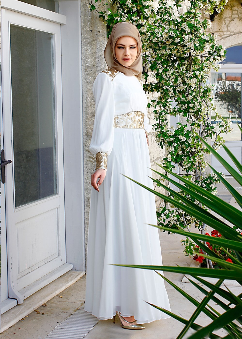 Tesettür giyim KREM MULTİ ŞİFON ABİYE ELBİSE 5068
