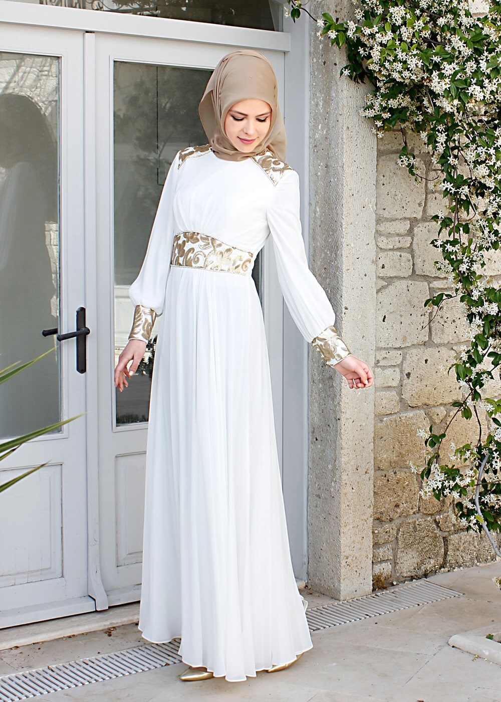 Tesettür giyim KREM MULTİ ŞİFON ABİYE ELBİSE 5068