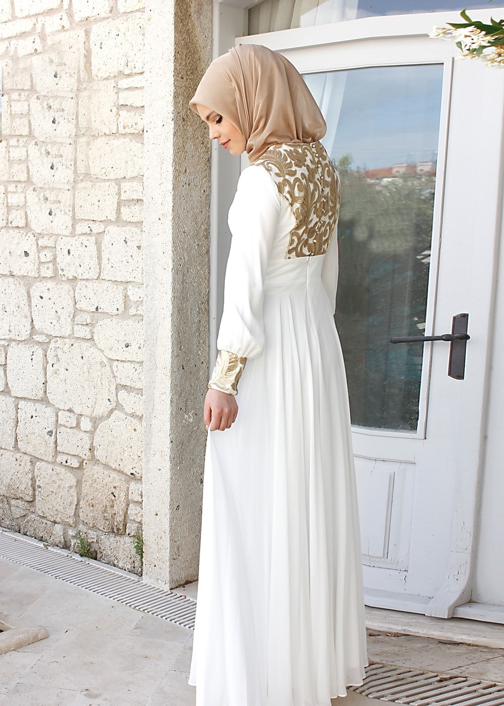 Tesettür giyim KREM MULTİ ŞİFON ABİYE ELBİSE 5068