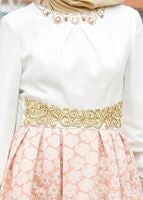 Tesettür giyim PUDRA YAKASI AKSESUARLI JAKAR ABİYE ELBİSE  5073 