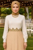 Tesettür giyim PUDRA YAKASI AKSESUARLI JAKAR ABİYE ELBİSE 5075 