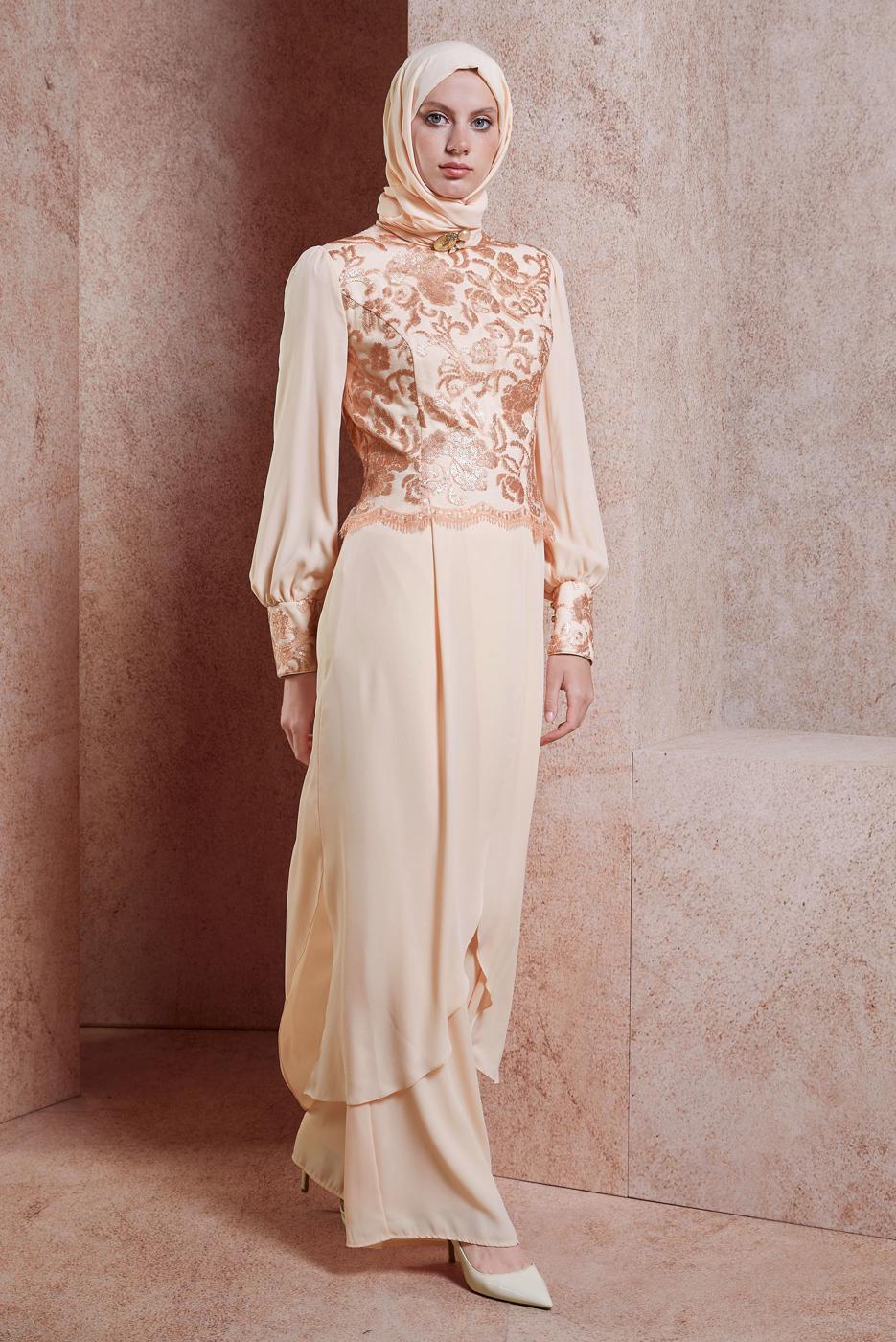 Tesettür giyim EKRU ALVİNA ŞİFON PANTOLONLU ABİYE TAKIM T 5076