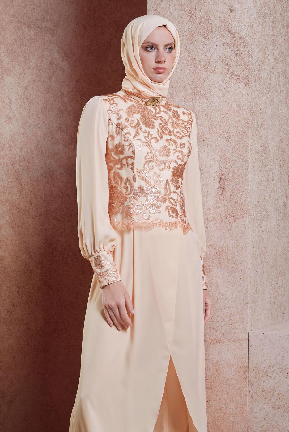 Tesettür giyim EKRU ALVİNA ŞİFON PANTOLONLU ABİYE TAKIM T 5076