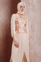 Tesettür giyim EKRU ALVİNA ŞİFON PANTOLONLU ABİYE TAKIM T 5076