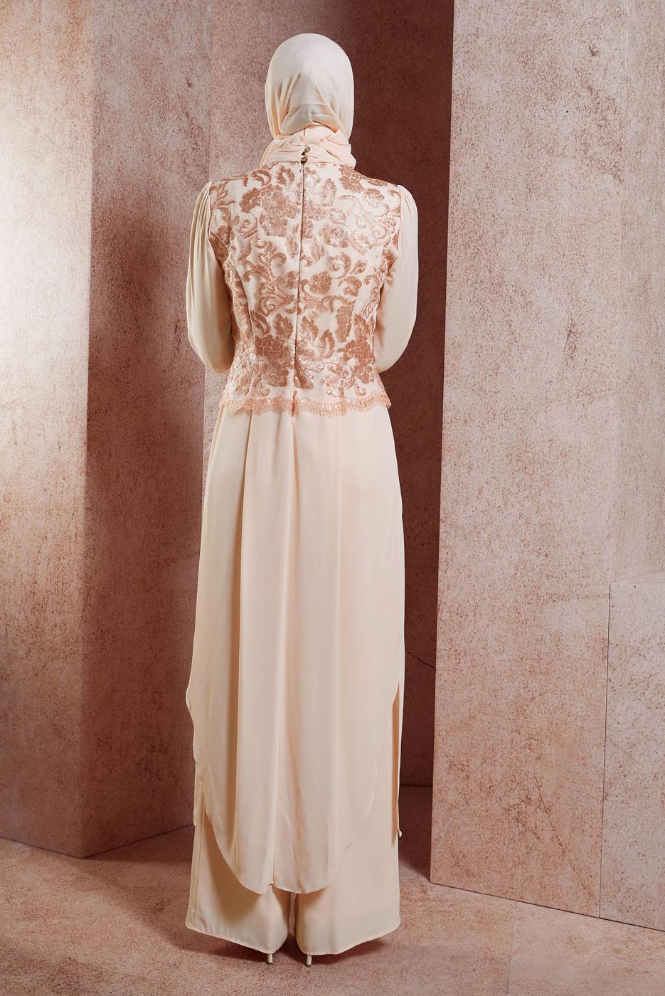 Tesettür giyim EKRU ALVİNA ŞİFON PANTOLONLU ABİYE TAKIM T 5076