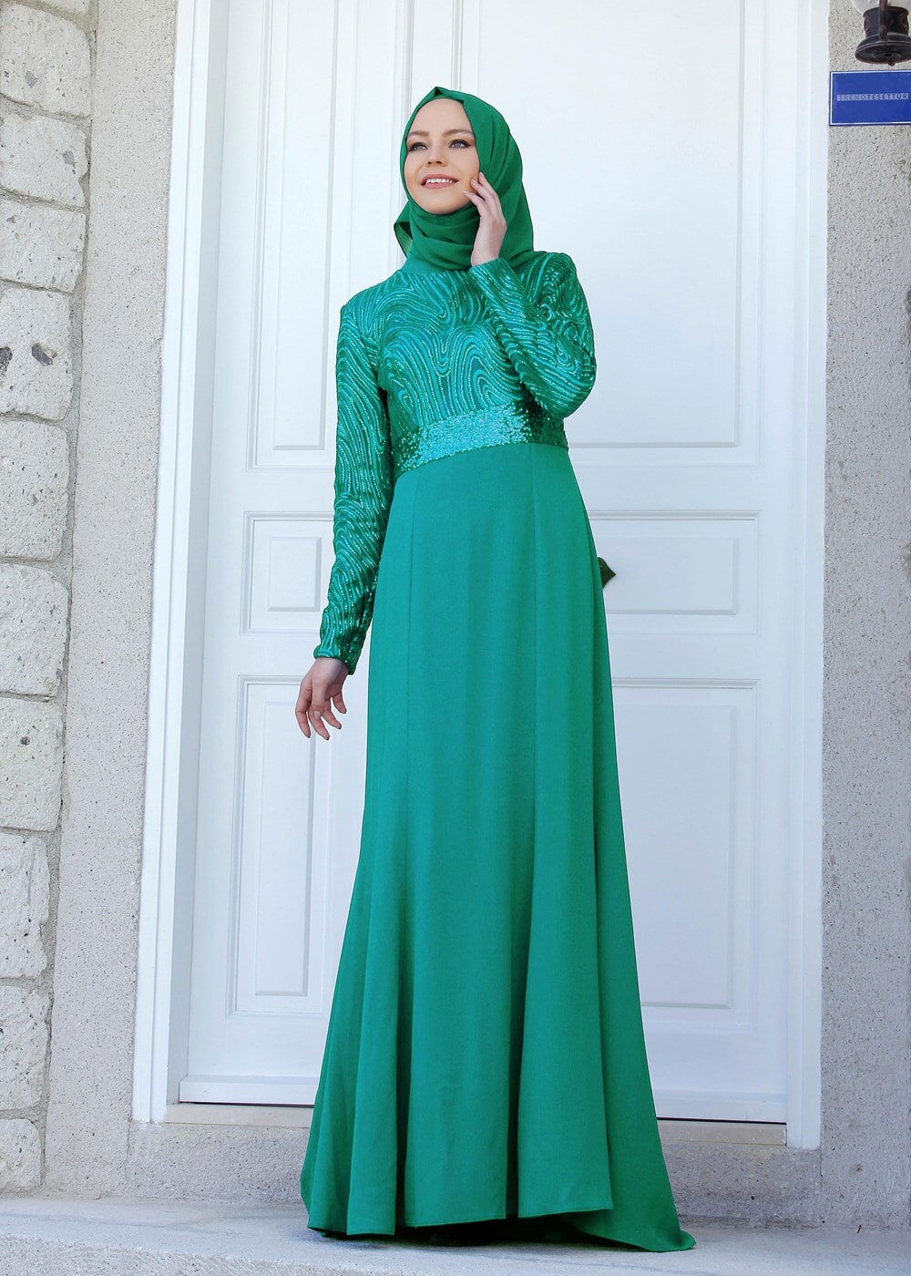 Tesettür giyim MAVİ PULLU ABİYE ELBİSE 5083