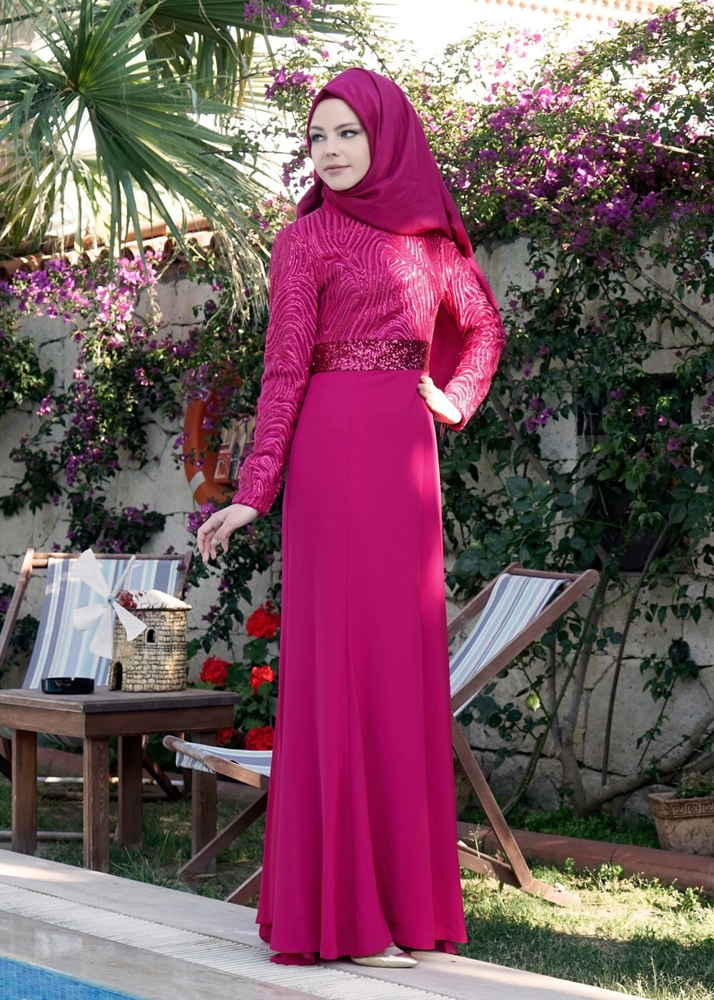Tesettür giyim FUŞYA PULLU ABİYE ELBİSE 5083