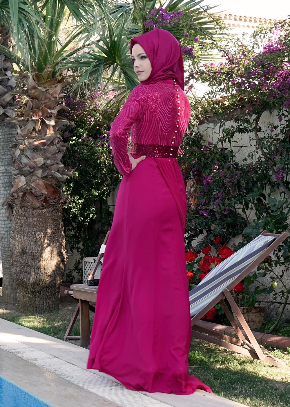 Tesettür giyim FUŞYA PULLU ABİYE ELBİSE 5083