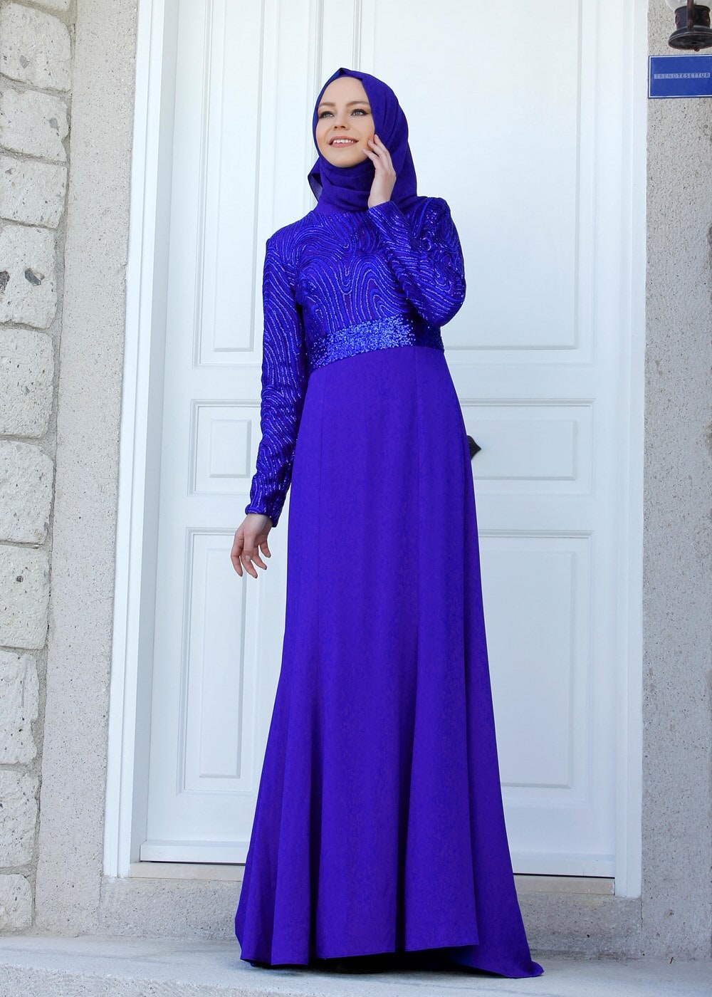 Tesettür giyim LACİVERT PULLU ABİYE ELBİSE 5083