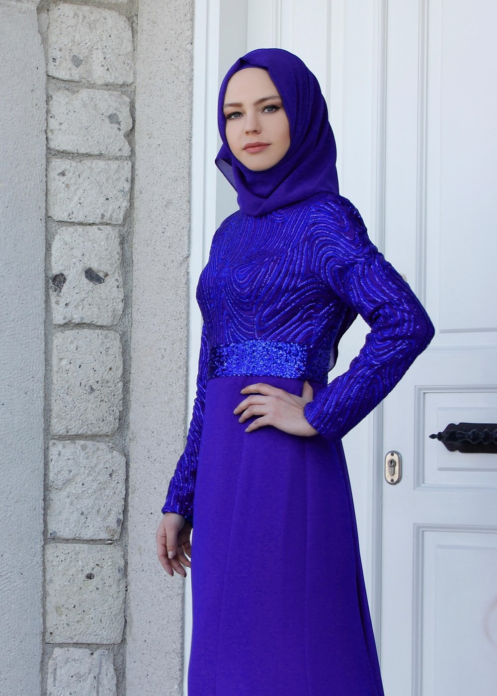 Tesettür giyim LACİVERT PULLU ABİYE ELBİSE 5083