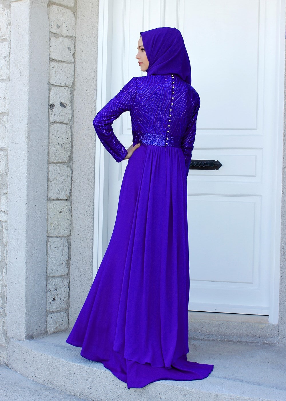 Tesettür giyim LACİVERT PULLU ABİYE ELBİSE 5083