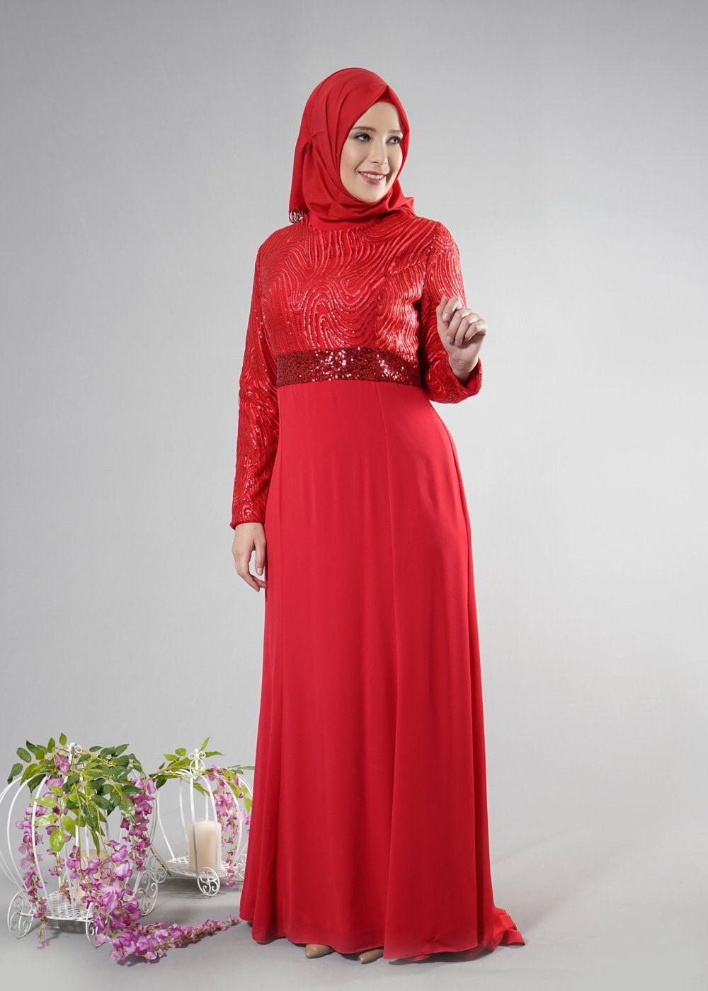 Tesettür giyim KIRMIZI ALVİNA PUL PAYETLİ ABİYE ELBİSE T 5084