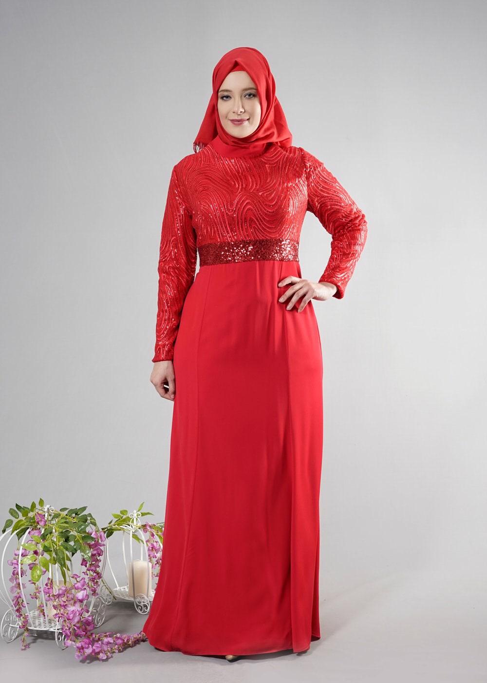 Tesettür giyim KIRMIZI ALVİNA PUL PAYETLİ ABİYE ELBİSE T 5084