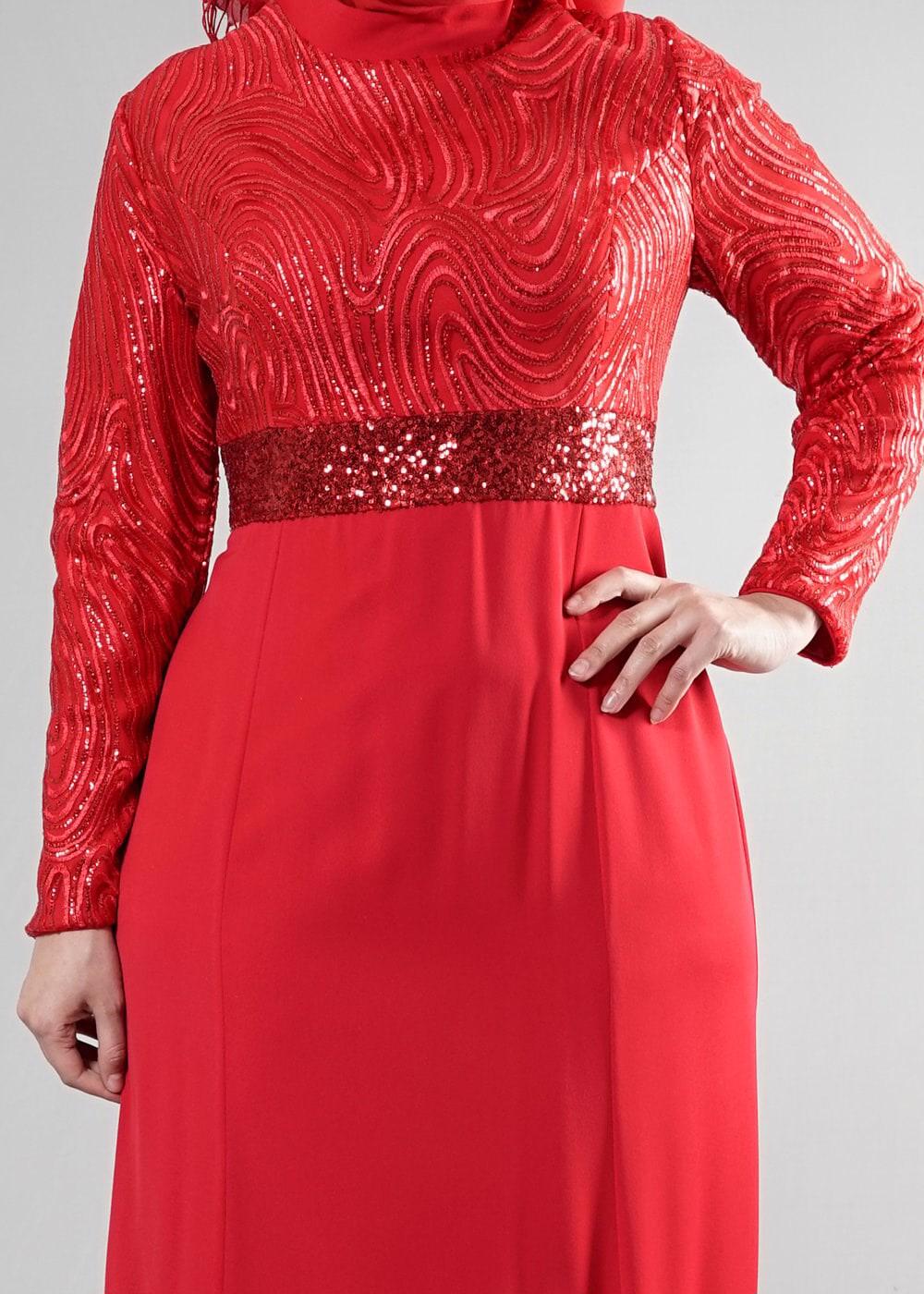 Tesettür giyim KIRMIZI ALVİNA PUL PAYETLİ ABİYE ELBİSE T 5084