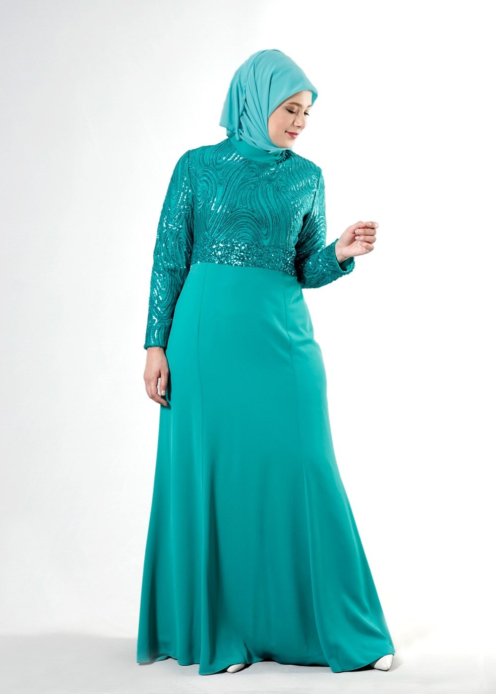 Tesettür giyim MAVİ ALVİNA PUL PAYETLİ ABİYE ELBİSE T 5084