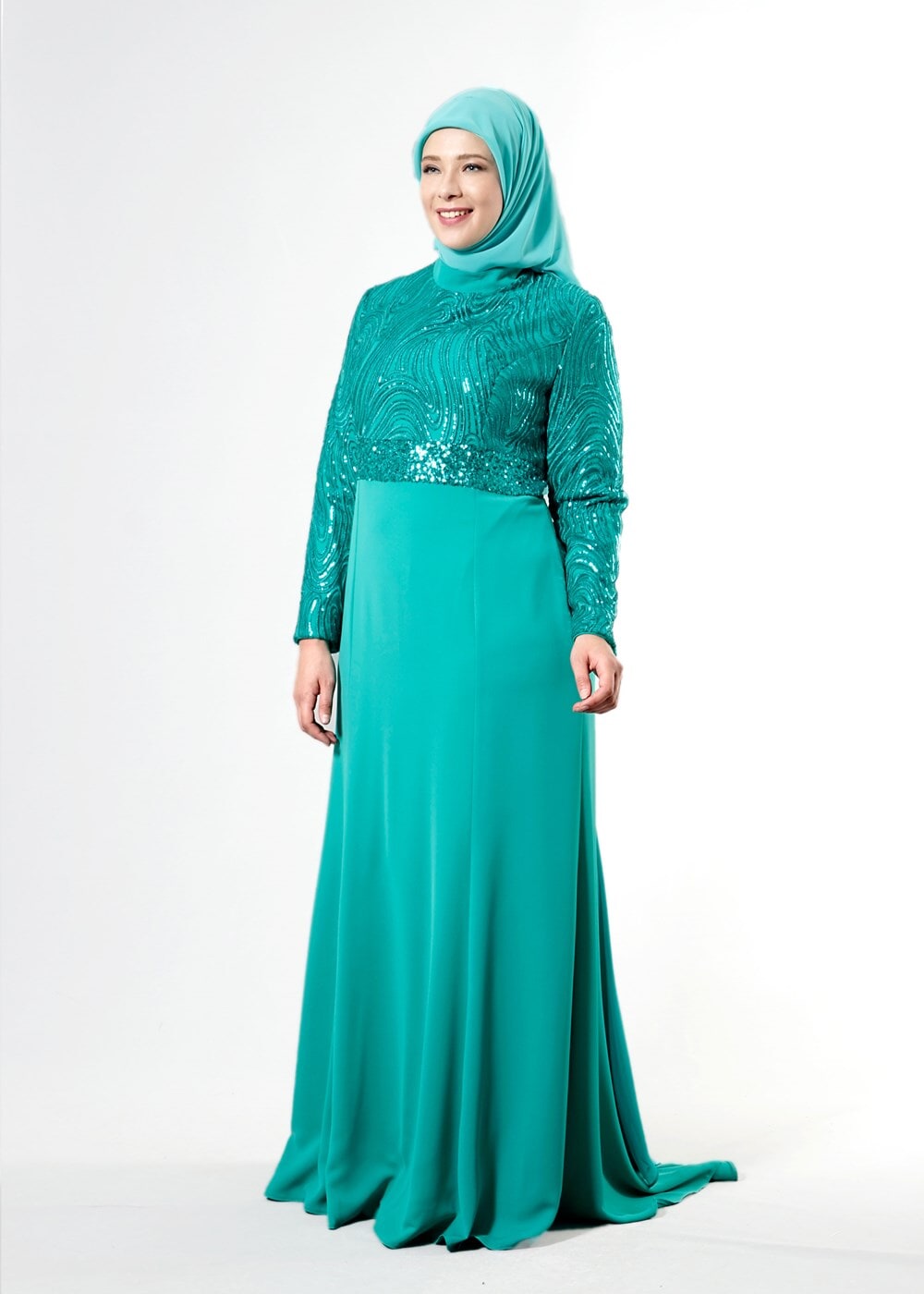 Tesettür giyim MAVİ ALVİNA PUL PAYETLİ ABİYE ELBİSE T 5084