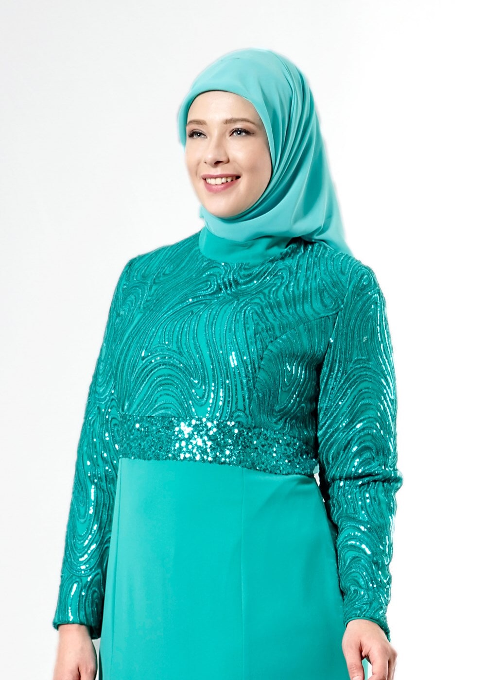 Tesettür giyim MAVİ ALVİNA PUL PAYETLİ ABİYE ELBİSE T 5084