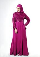 Tesettür giyim FUŞYA ALVİNA PUL PAYETLİ ABİYE ELBİSE T 5084