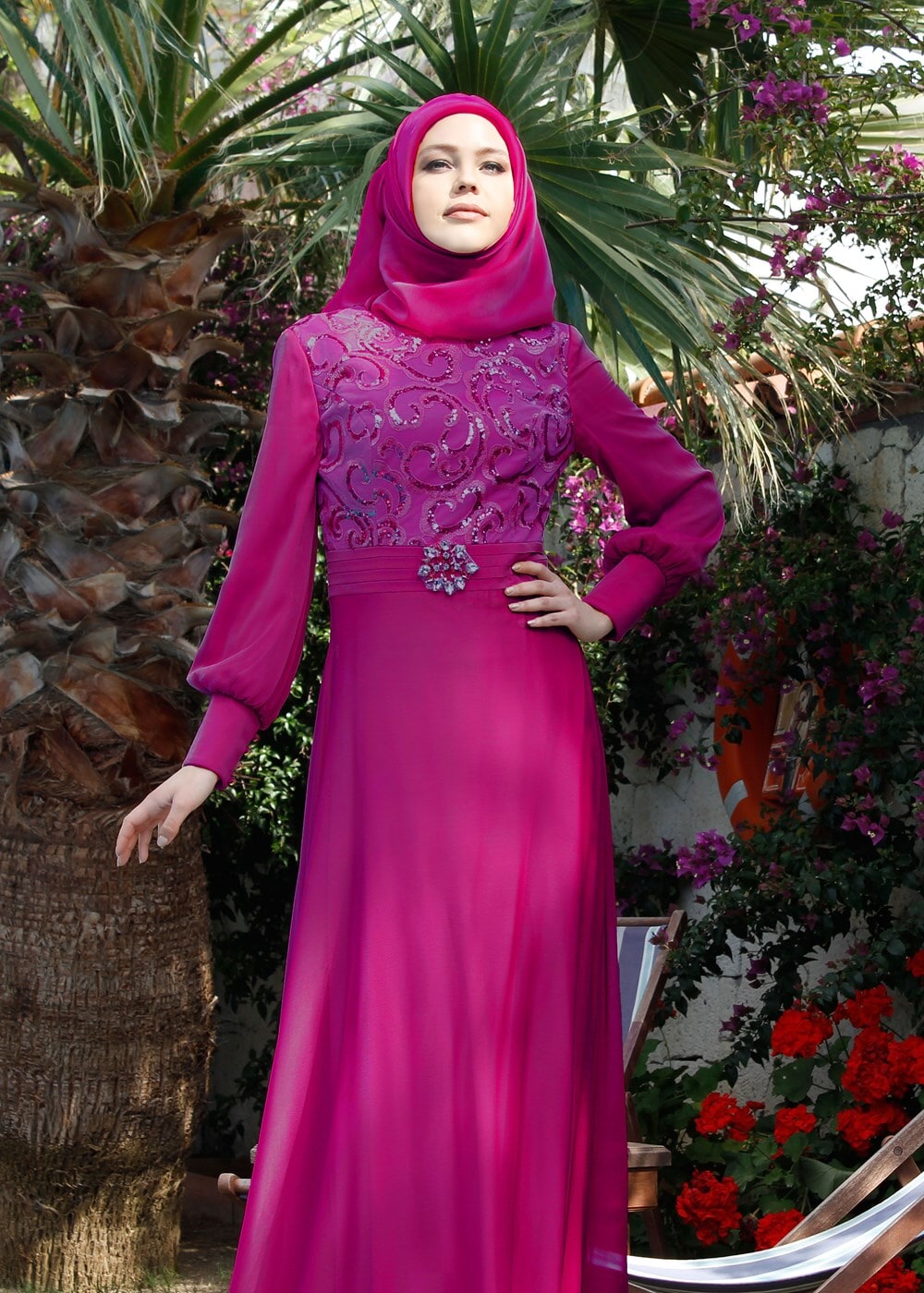 Tesettür giyim FUŞYA PUL DETAYLI ŞİFON ABİYE ELBİSE 5086 