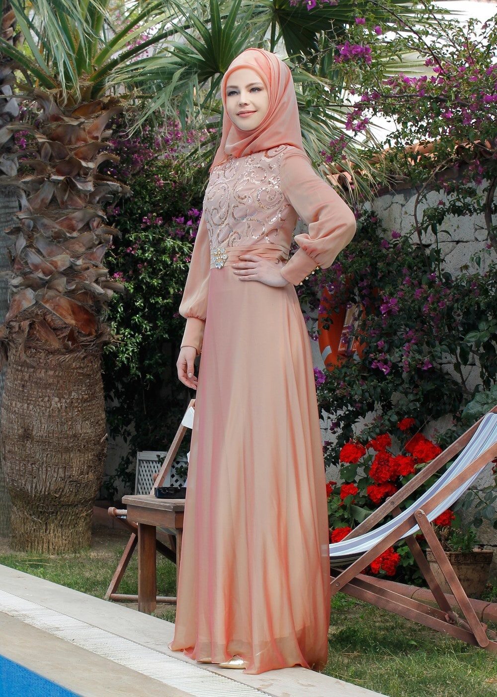 Tesettür giyim PUDRA PUL DETAYLI ŞİFON ABİYE ELBİSE 5086 