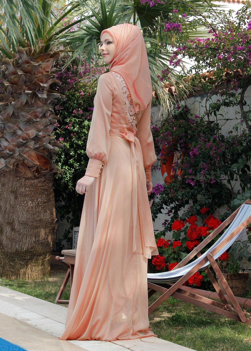 Tesettür giyim PUDRA PUL DETAYLI ŞİFON ABİYE ELBİSE 5086 