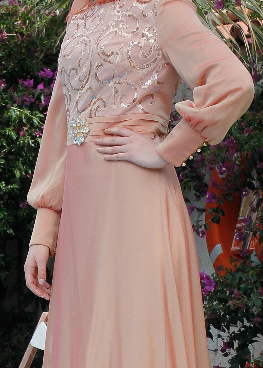 Tesettür giyim PUDRA PUL DETAYLI ŞİFON ABİYE ELBİSE 5086 