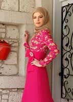 Tesettür giyim FUŞYA GÜPÜRLÜ KEMER DETAYLI ABİYE ELBİSE 5088 