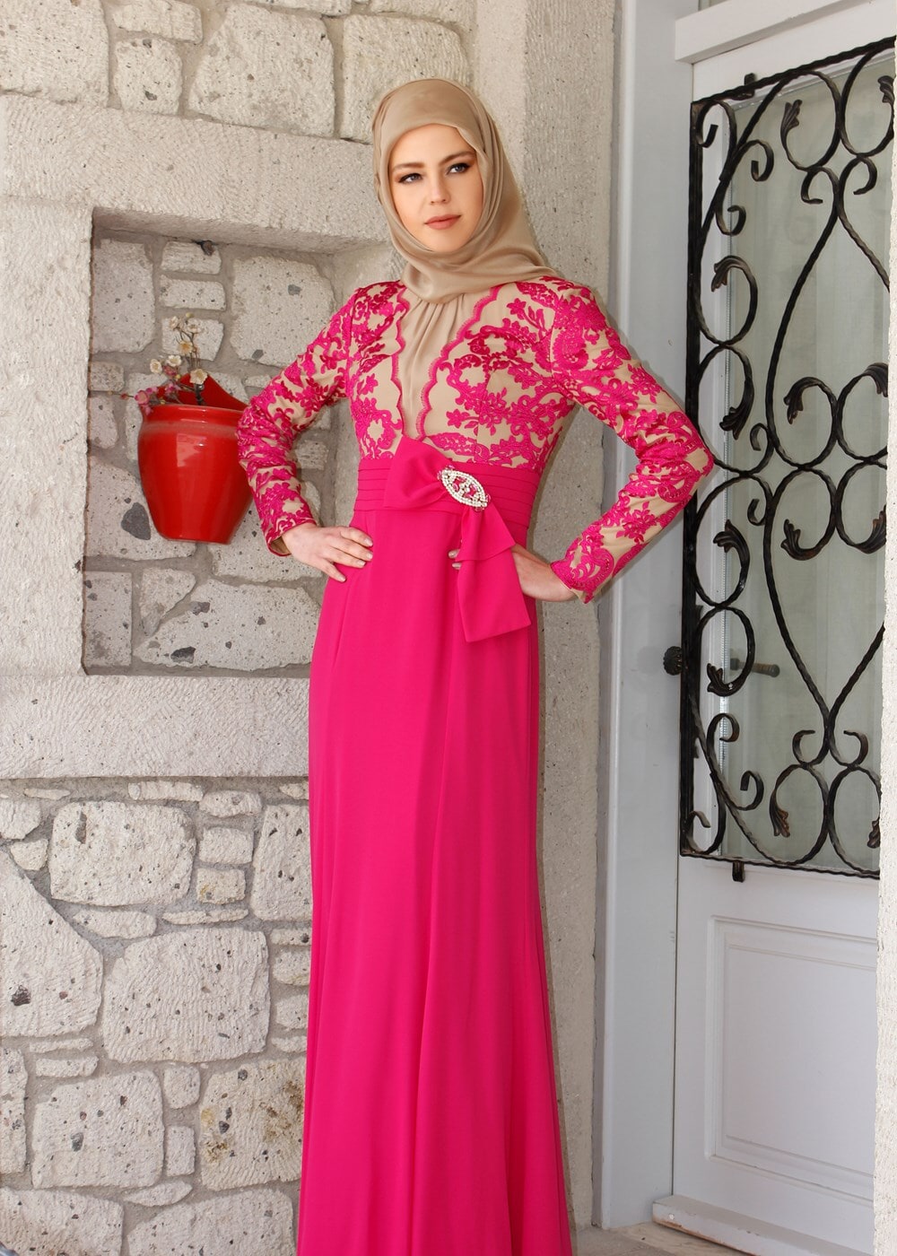 Tesettür giyim FUŞYA GÜPÜRLÜ KEMER DETAYLI ABİYE ELBİSE 5088 