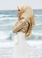 Tesettür giyim KREM GÜPÜRLÜ KEMER DETAYLI ABİYE ELBİSE 5088 