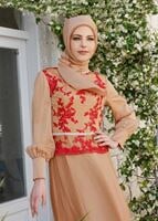 Tesettür giyim KIRMIZI GÜPÜRLÜ TAŞ DETAYLI ABİYE ELBİSE 5089 